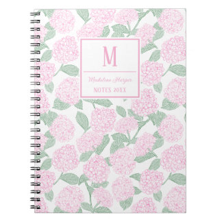 Preppy Pink and Green Hydrangeas Monogram Notebook