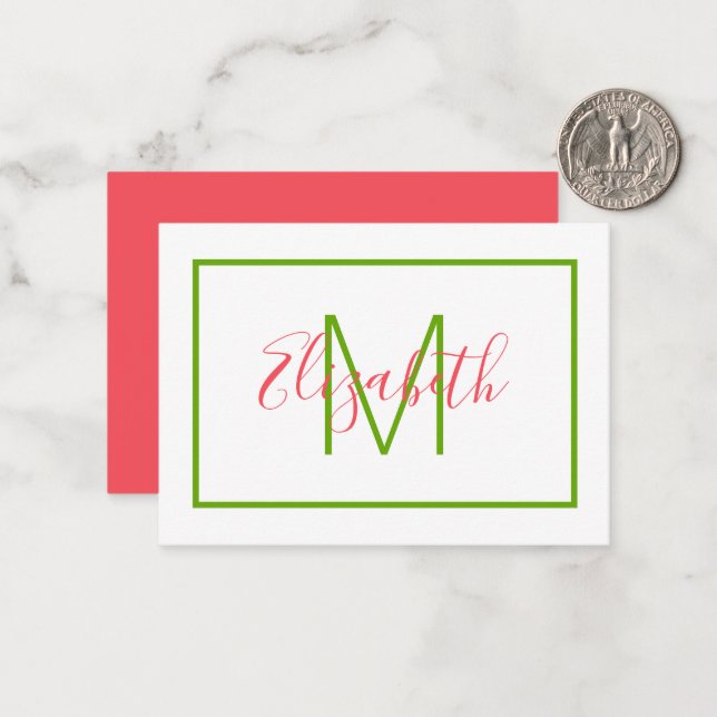 Preppy Pink and Green Monogram Note Card (Front/Back In Situ)
