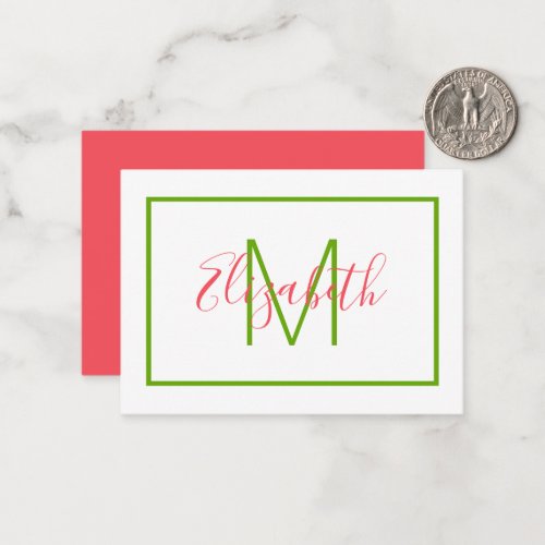 Preppy Pink and Green Monogram Note Card