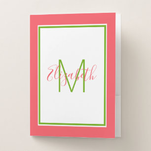 Preppy Pink and Green Monogram Pocket Folder