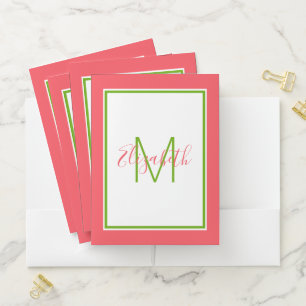 Preppy Pink and Green Monogram Pocket Folder