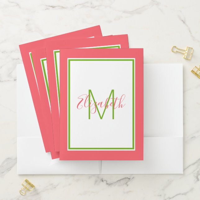 Preppy Pink and Green Monogram Pocket Folder (In Situ)