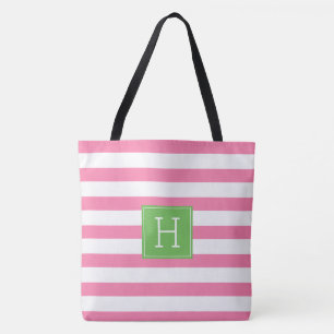 Preppy Pink and Green Monogram Tote Bag