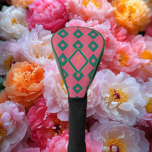 Preppy Pink and Green Monogrammed Diamond Motif Golf Head Cover