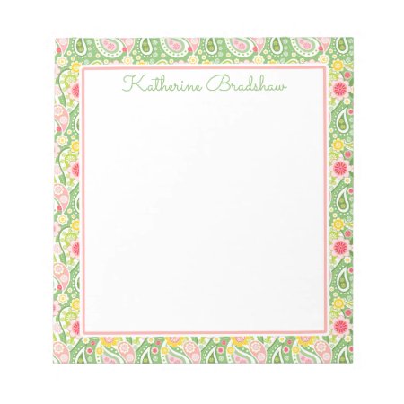 Preppy Pink And Green Paisley Notepad