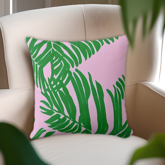 Preppy Pink And Green Palm Leaves Beach House Throw Pillow (Creator Uploaded)