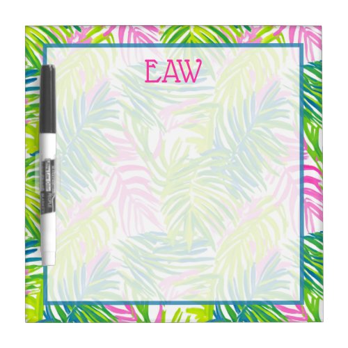 Preppy Pink and Green Palm Leaves Monogram Dry Erase Board