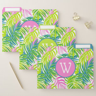 Preppy Pink and Green Palm Leaves Monogram File Folder