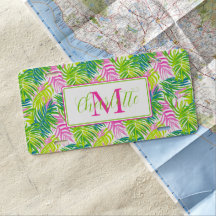 Preppy Pink and Green Palm Leaves Monogram