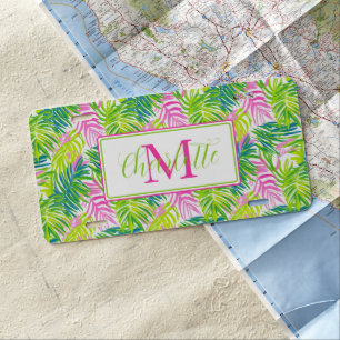Preppy Pink and Green Palm Leaves Monogram License Plate