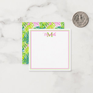 Preppy Pink and Green Palm Leaves Monogram Note Card