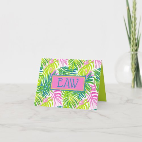 Preppy Pink and Green Palm Leaves Monogram Note Card