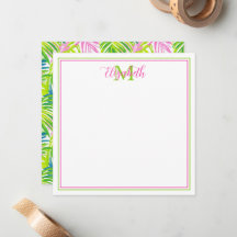 Preppy Pink and Green Palm Leaves Monogram