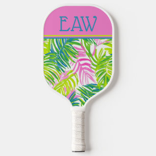 Preppy Pink and Green Palm Leaves Monogram Pickleball Paddle