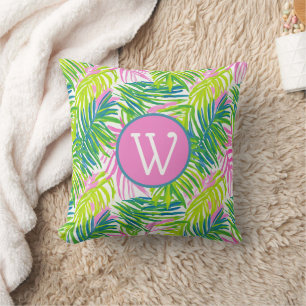 Preppy Pink and Green Palm Leaves Monogram Throw Pillow