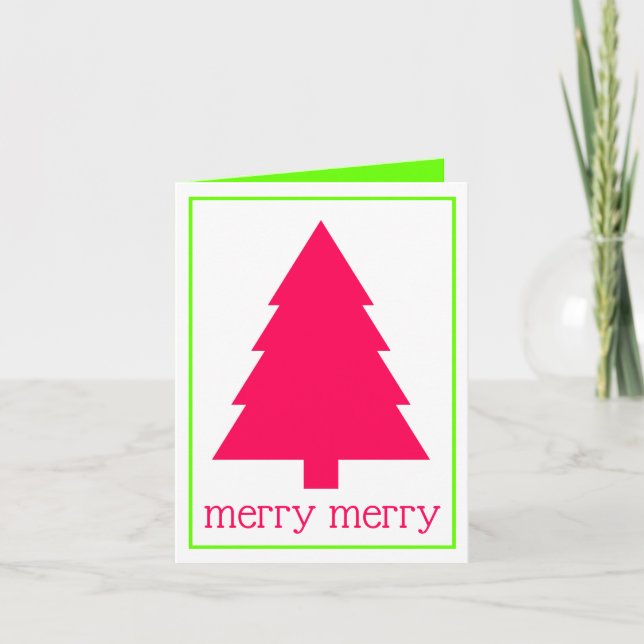 Preppy Pink and Green Personalized Christmas Tree Note Card (Front)