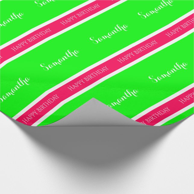 Preppy Pink and Green Personalized Stripe Wrapping Paper (Corner)