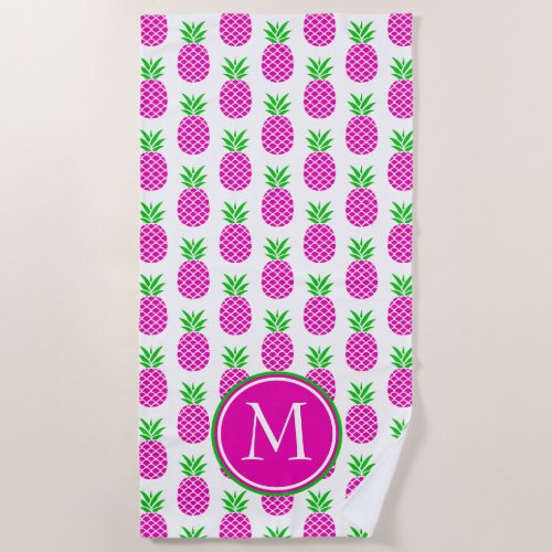 Preppy Pink and Green Pineapples on White Monogram Beach Towel