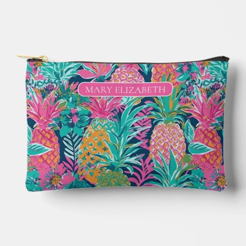 Preppy Pink and Green Pineapples Personalized Accessory Pouch