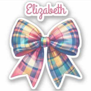 Preppy Pink and Green Plaid Bow and Name Sticker