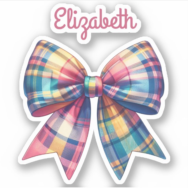 Preppy Pink and Green Plaid Bow and Name Sticker (Front)