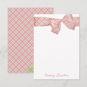 Preppy Pink and Green Plaid Bow Personalized Note Card