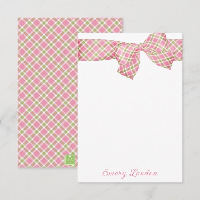 Preppy Pink and Green Plaid Bow Personalized Note Card (Front/Back)