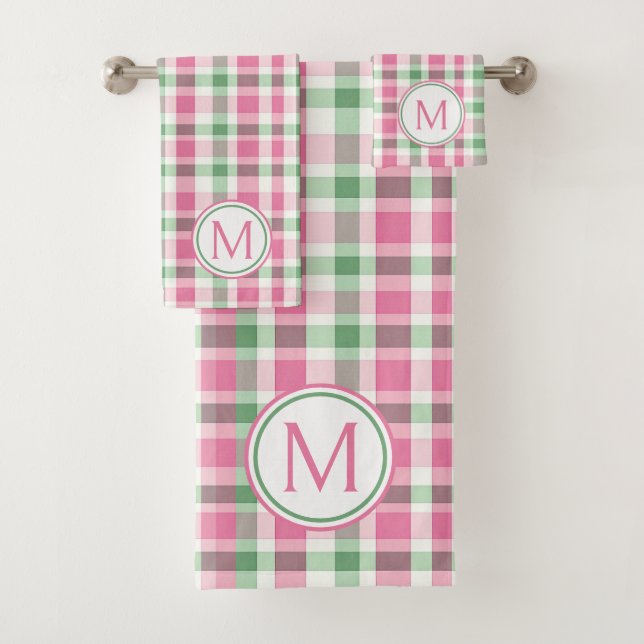 Preppy Pink and Green Plaid Monogram Bath Towel Set (Insitu)