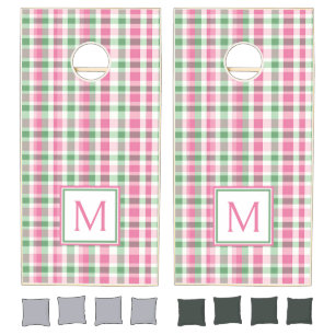 Preppy Pink and Green Plaid Monogram Cornhole Set