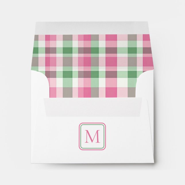 Preppy Pink and Green Plaid Monogram Envelope (Back (Bottom))