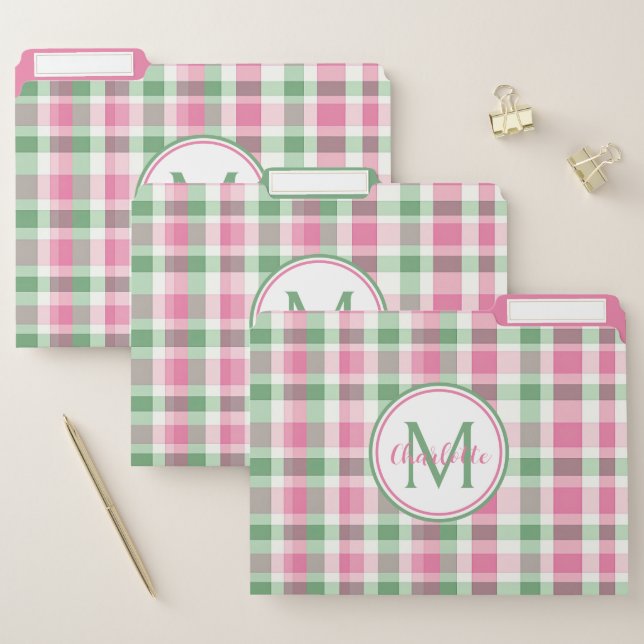 Preppy Pink and Green Plaid Monogram File Folder (Set)