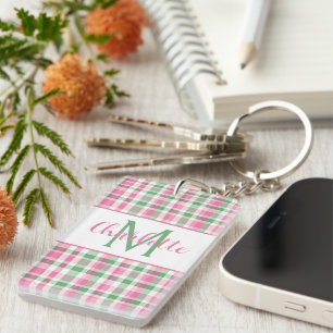 Preppy Pink and Green Plaid Monogram Keychain