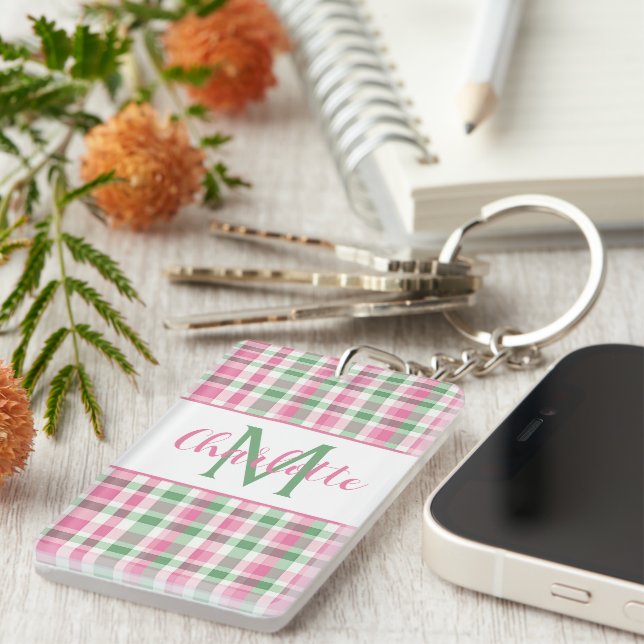 Preppy Pink and Green Plaid Monogram Keychain (Front Right)