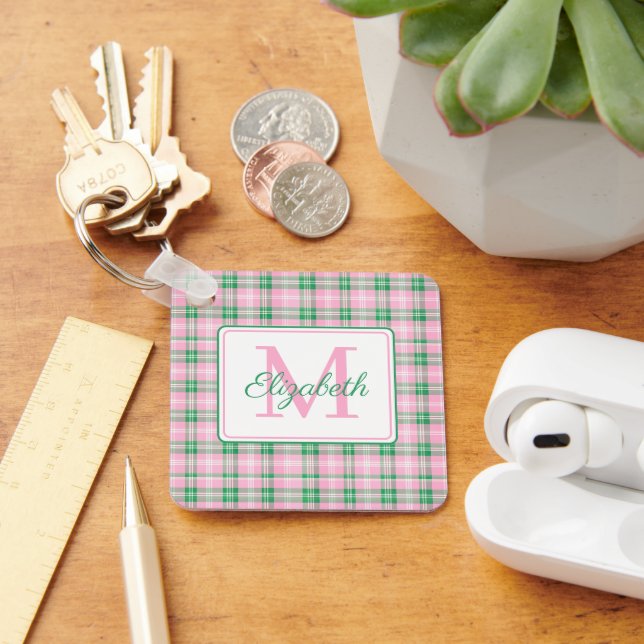 Preppy Pink and Green Plaid Monogram Keychain (Desk)