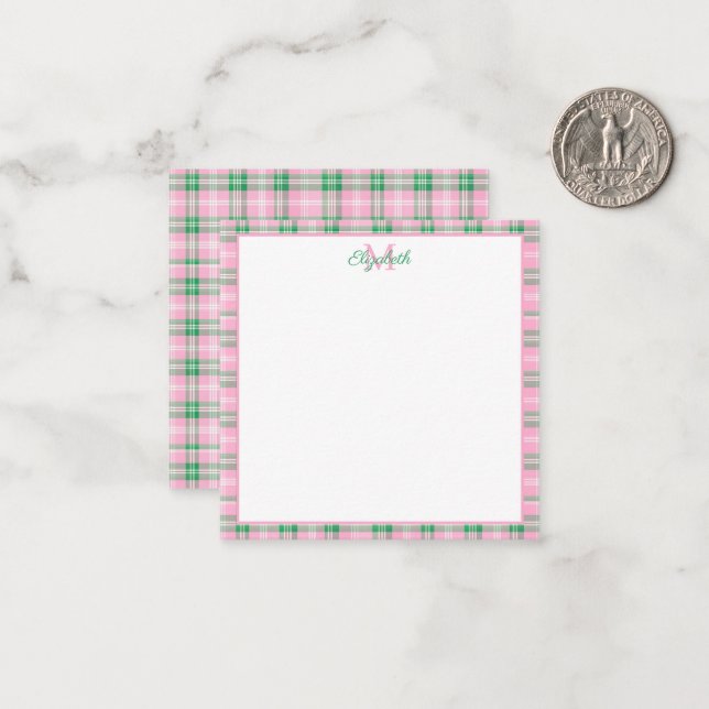 Preppy Pink and Green Plaid Monogram Note Card (Front/Back In Situ)