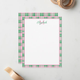 Preppy Pink and Green Plaid Monogram Note Card