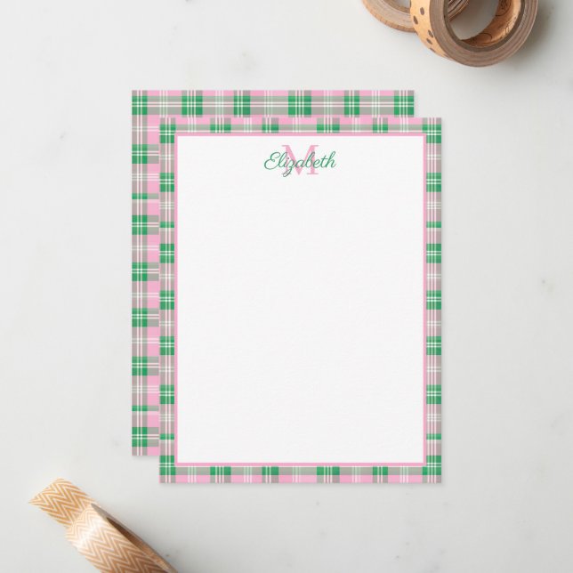 Preppy Pink and Green Plaid Monogram Note Card (Front/Back In Situ)