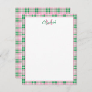 Preppy Pink and Green Plaid Monogram Note Card