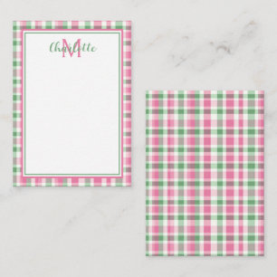 Preppy Pink and Green Plaid Monogram Note Card
