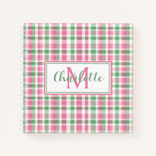 Preppy Pink and Green Plaid Monogram Notebook