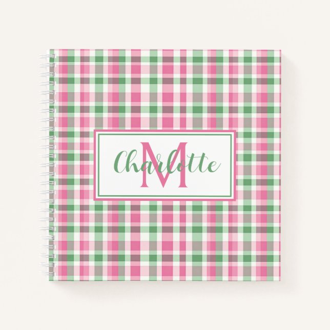Preppy Pink and Green Plaid Monogram Notebook (Front)