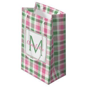 Preppy Pink and Green Plaid Monogram Small Gift Bag