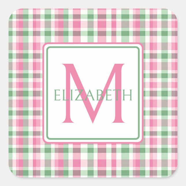 Preppy Pink and Green Plaid Monogram Square Sticker (Front)
