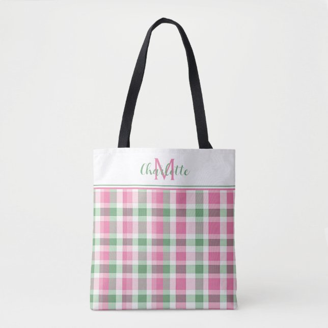 Preppy Pink and Green Plaid Monogram Tote Bag (Front)