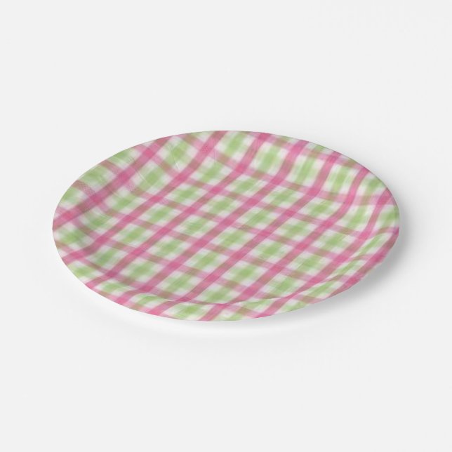 Preppy Pink and Green Plaid Paper Plates (Angled)
