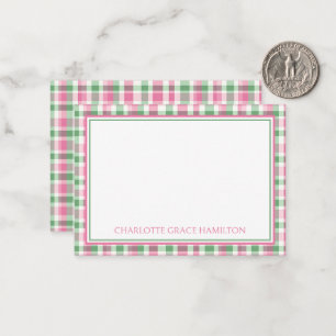Preppy Pink and Green Plaid Personalized Note Card