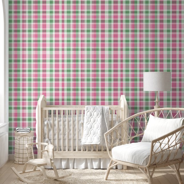 Preppy Pink and Green Plaid Wallpaper (Kids)