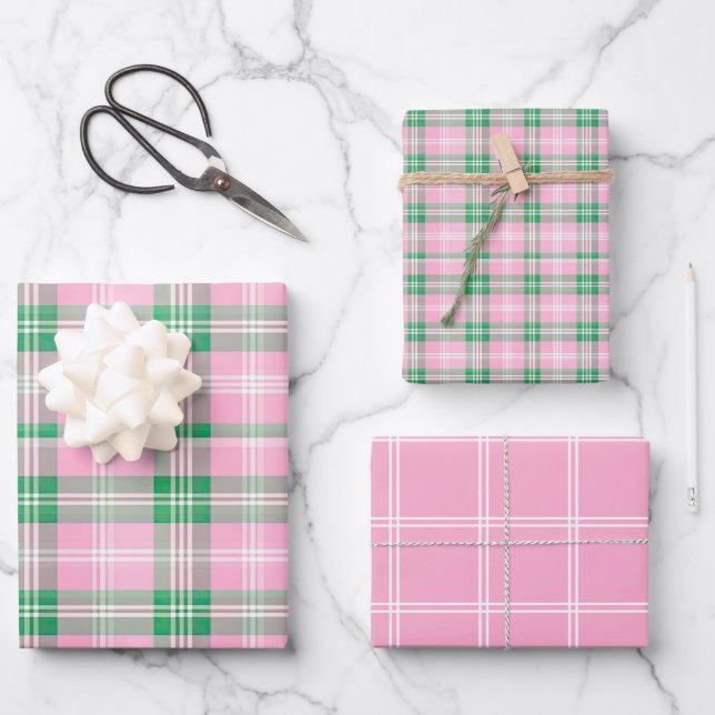Preppy Pink and Green Plaid Wrapping Paper Sheets (Front)