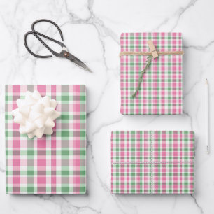 Preppy Pink and Green Plaid Wrapping Paper Sheets