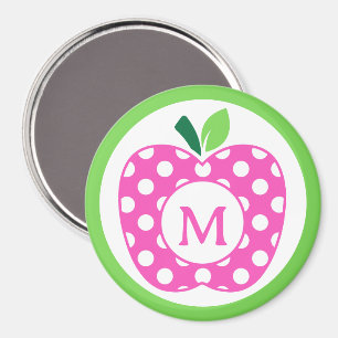 Preppy Pink and Green Polka Dot Apple Monogram Magnet